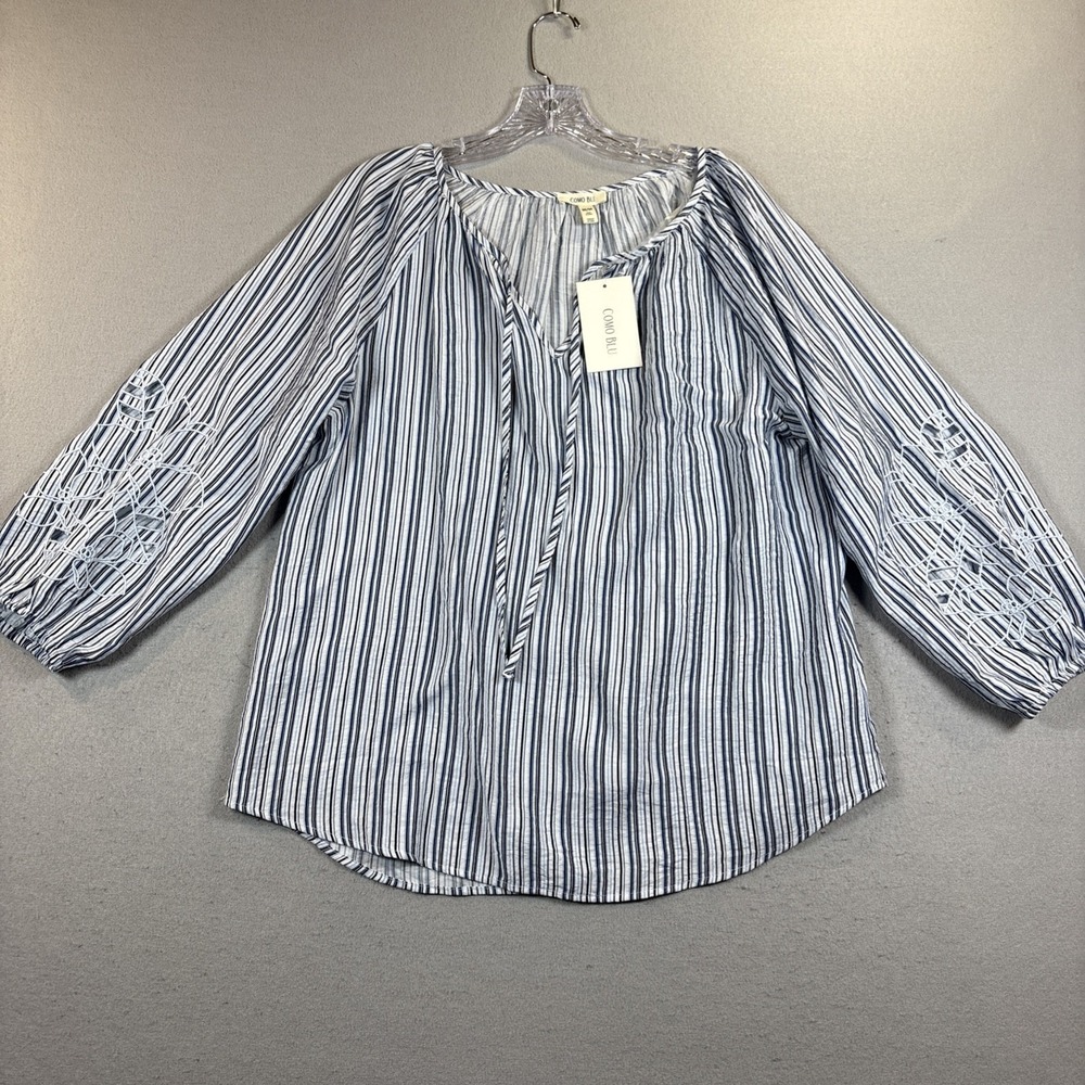 Como Blu Women's Tunic Top Striped Costal Fjord Size Med BoHo Emproidered Sleeve